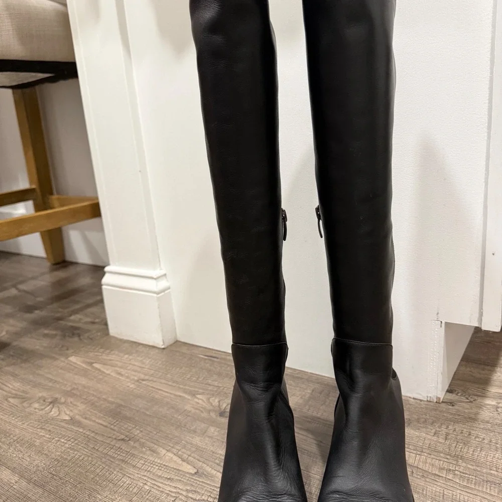 Via Spiga Womens Black Leather Over The Knee Block Heel Boots Almond Toe Zip